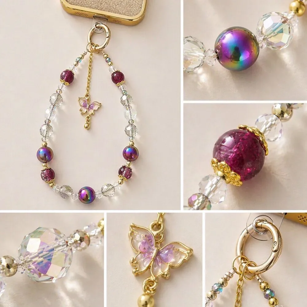 Beaded Phone Wrist Strap Purple Crystal Butterfly Charm Cute Wristlet